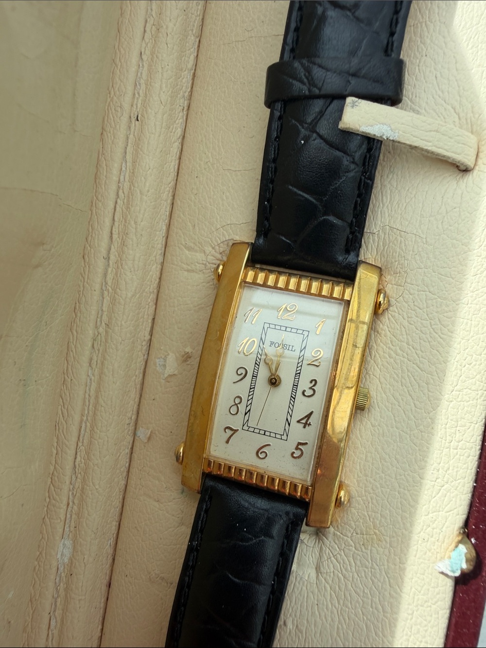 Fossil Gold-Tone Rectangular Womens Watch with Black Leather Strap